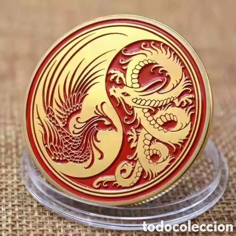 Trofeos y medallas: MAGN&Iacute;FICA MONEDA DE ORO CON DRAGON Y AVE FENIX. REF S1 M CG - Foto 1