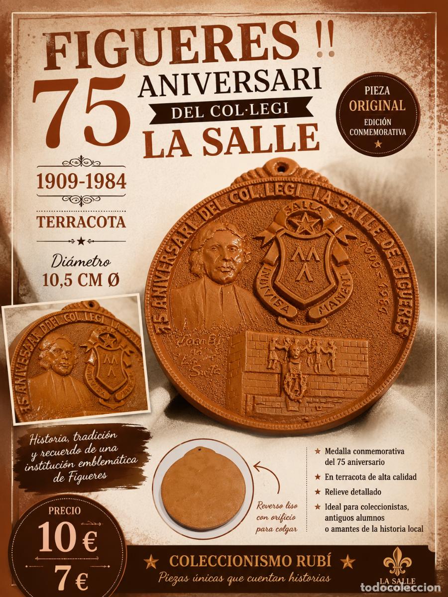 Trofeos y medallas: CURIOSA MEDALLA EN TERRACOTA / LA SALLE FIGUERES / 75 ANIVERSARI 1909-1984
