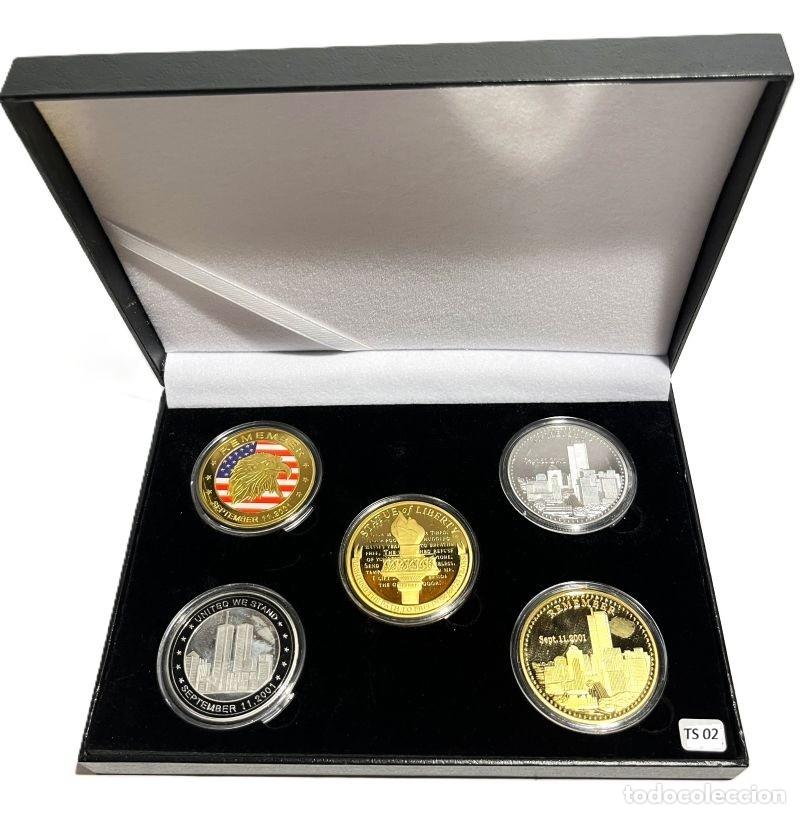 Trofeos y medallas: SET 5 TOKENS CONMEMORATIVOS 11 SEPTIEMBRE 2001. ESTATUA DE LA LIBERTAD, &Aacute;GUILA AMERICANA. SOUVENIRS