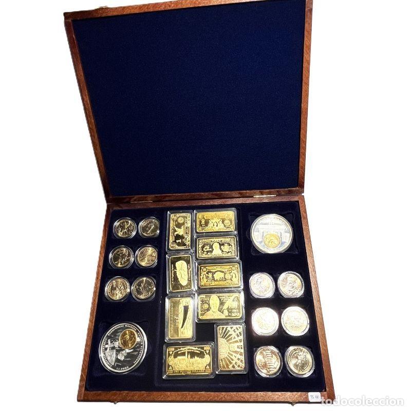 Trofeos y medallas: SET 23 TOKENS CONMEMORATIVOS EUA: 14 CIRCULARES, 9 BARRAS, ENCAPSULADOS. CAJA LUJO DE MADERA (TS 11)