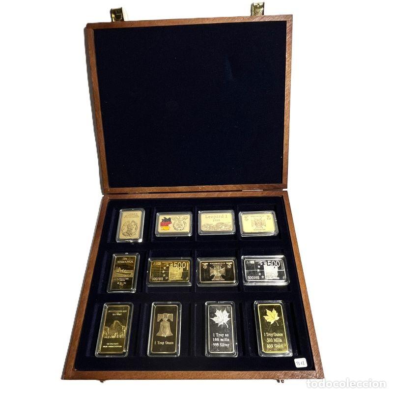Trofeos y medallas: SET 12 TOKENS BARRAS CONMEMORATIVAS DE ALEMANIA, EE.UU, EURO (&euro;) y CANAD&Aacute;. CAJA MADERA DE LUJO (TS12