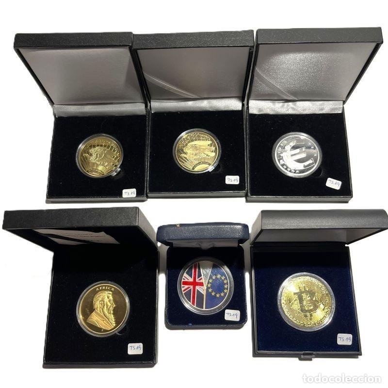 Trofeos y medallas: 6 TOKENS CONMEMORATIVOS MONEDAS MUNDO: D&Oacute;LAR US, 10 A&Ntilde;OS DEL EURO, 40 A&Ntilde;OS LINGOTE, BREXIT, BITCOIN