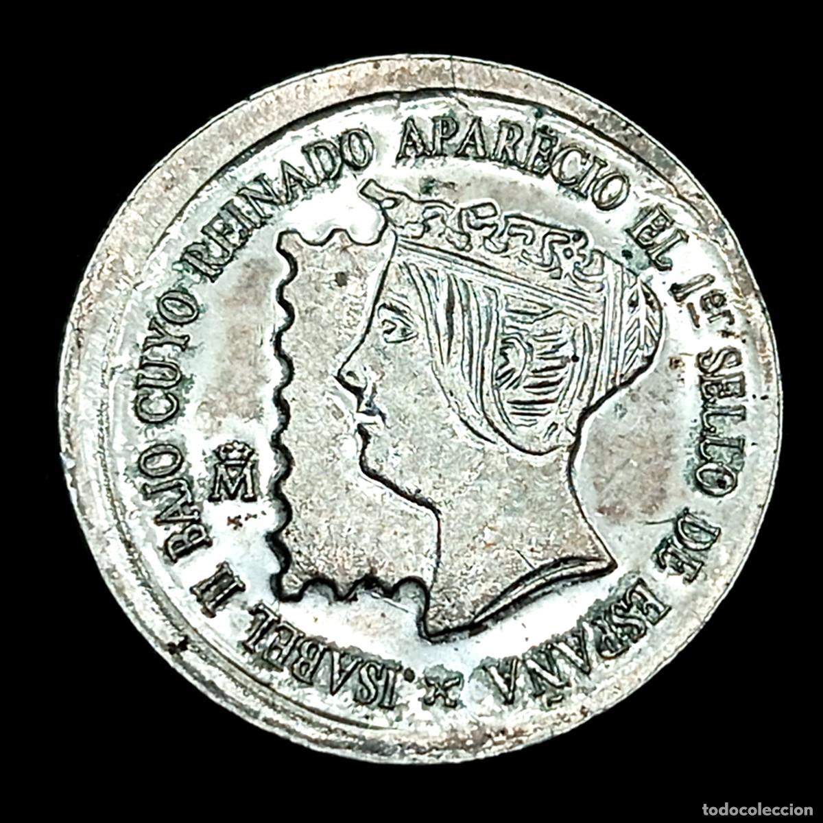 Trofeos y medallas: ⚜️ BBE7 8. Isabel II. Medalla Barnafil 99. Primer sello de Espa&ntilde;a. 4,07 g