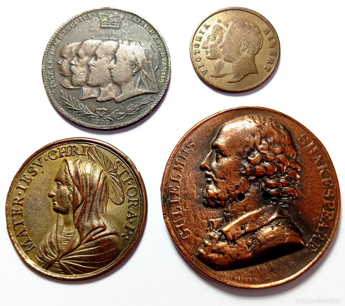 Trofeos y medallas: ⚜️ C001. Interesante lote de cuatro medallas brit&aacute;nicas s. XVIII - XIX. Peso del conjunto 46,68 g