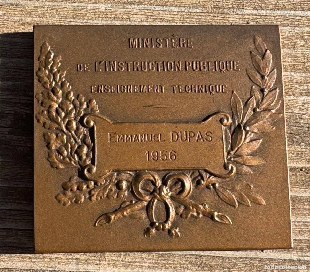 Trofeos y medallas: Medalla placa conmemorativa ministerio instrucci&oacute;n p&uacute;blica Francia ense&ntilde;anza t&eacute;cnica 1956 bronce 5x5