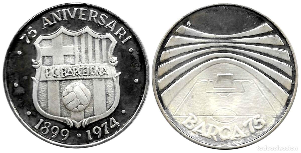 Trofeos y medallas: MEDALLA F&Uacute;TBOL CLUB BARCELONA. 75 ANIVERSARIO. 40MM. PLATA