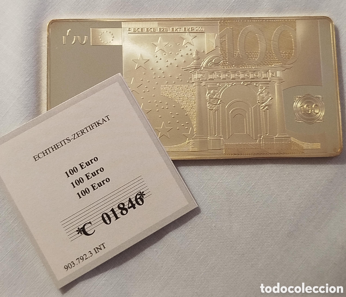 Trofeos y medallas: Lingote 100 Euros Ba&ntilde;ado en oro 24kt
