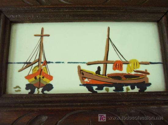 Otros objetos de arte: Azulejo pintado escena barcas de pesca enmarcado - Foto 1