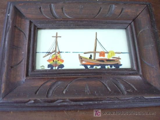 Otros objetos de arte: Azulejo pintado escena barcas de pesca enmarcado - Foto 2