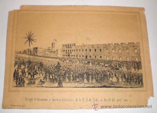 Andere Kunstgegenst&auml;nde: Grabado hist&oacute;rico de C&aacute;diz &middot; Entrega de banderas Milicia Nacional &middot; Escena hist&oacute;rica &middot; S.XIX, 1855