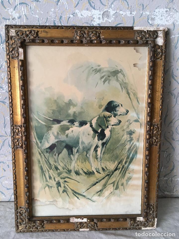 Otros objetos de arte: CUADRO MUY ANTIGUO CON TEM&Aacute;TICA PERROS DE CACER&Iacute;A. PIEZA ESPECTACULAR - Foto 1