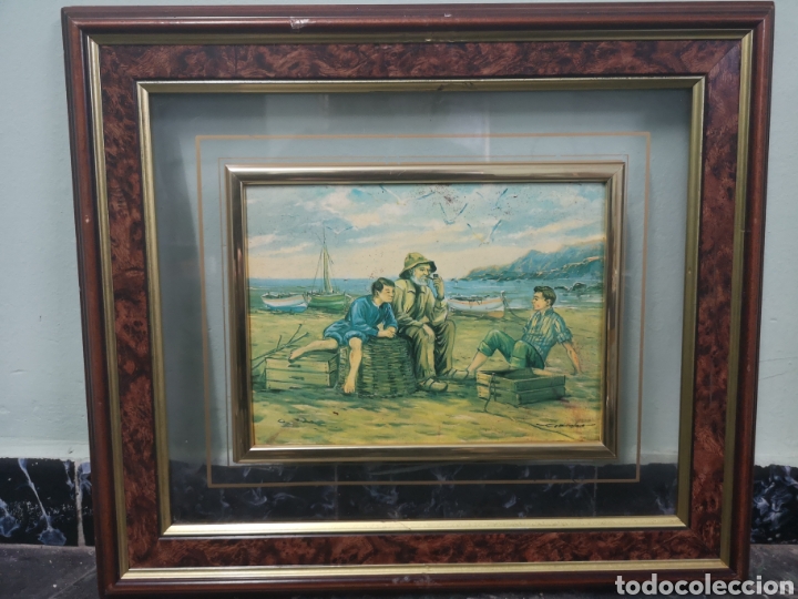 Otros objetos de arte: cuadro esmaltado con marco de cristal, firmado - Foto 2