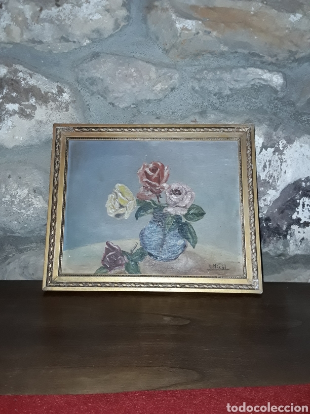 Otros objetos de arte: Cuadro florero de L nicol pintado sobre madera - Foto 1
