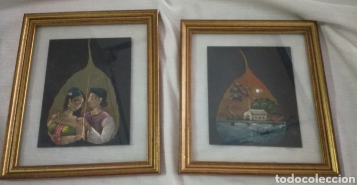 Otros objetos de arte: Pintura oriental sobre hojas - Foto 1