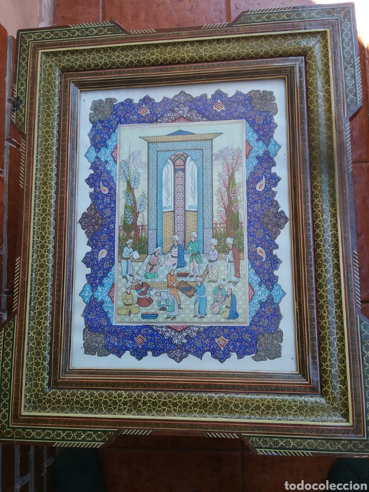Otros objetos de arte: Pintura hindu sobre placa de celuloide. Escena costumbrista. - Foto 1