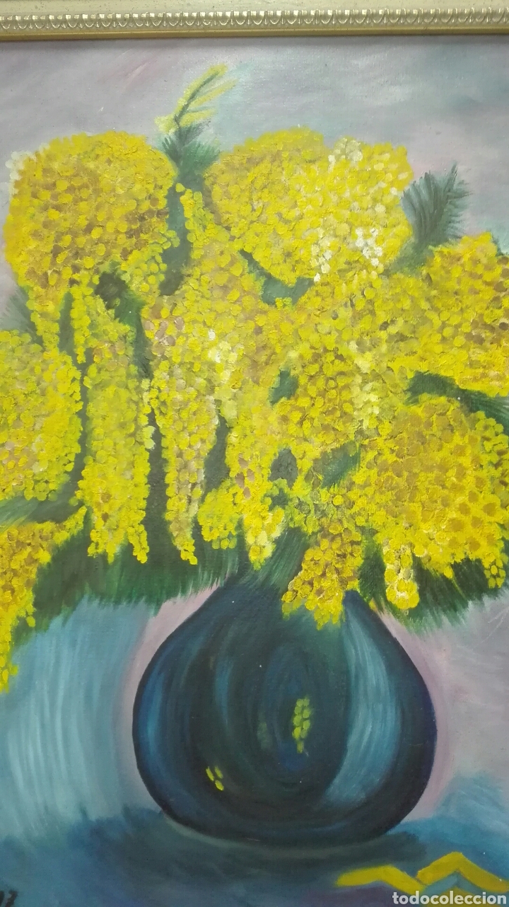 Otros objetos de arte: Cuadro jarr&oacute;n con mimosa pintado al &oacute;leo - Foto 2