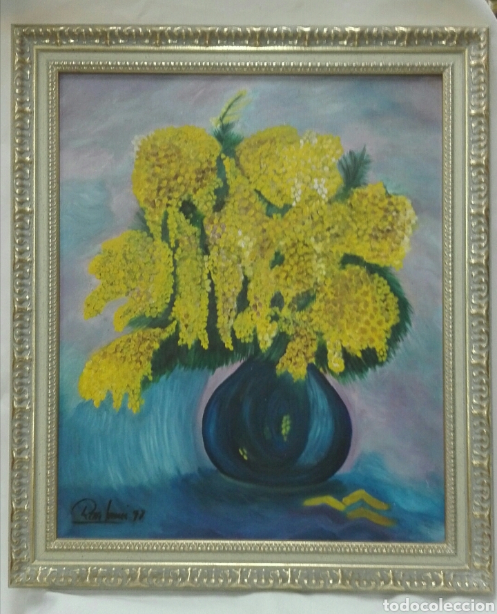 Otros objetos de arte: Cuadro jarr&oacute;n con mimosa pintado al &oacute;leo - Foto 7