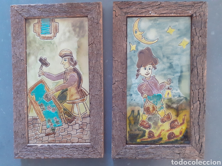 Otros objetos de arte: Dos azulejos con dibujo, enmarcado con marco de corcho. - Foto 1