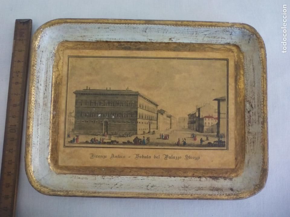 Otros Objetos de Arte: Firenze antica. Veduta del Palazzo Strozzi. PEQUE&Ntilde;O CUADRO creo CON POSTAL O L&Aacute;MINA FLORENCIA ITALIA