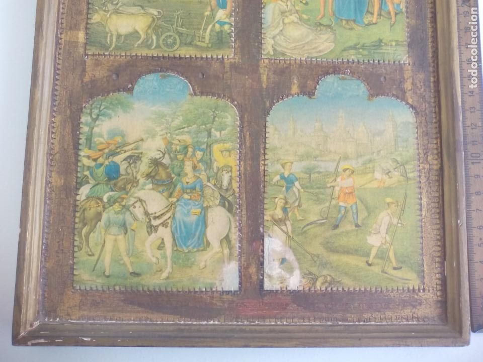Otros objetos de arte: CUADRO TABLA CON ESCENAS MEDIEVALES. POSTALES INCRUSTADAS EN MADERA. - Foto 4