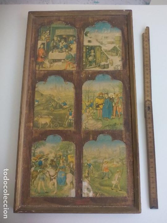 Otros objetos de arte: CUADRO TABLA CON ESCENAS MEDIEVALES. POSTALES INCRUSTADAS EN MADERA. - Foto 1