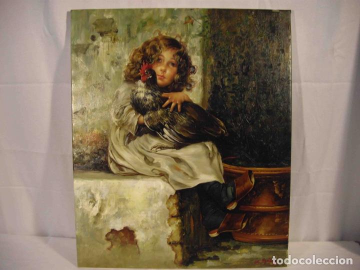 Otros objetos de arte: OLEO SOBRE LIENZO NI&Ntilde;A CON GALLO - Foto 1