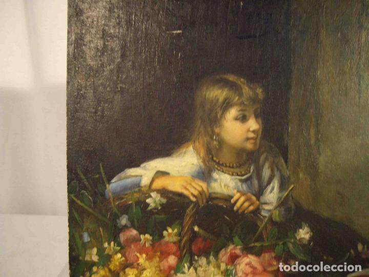 Otros objetos de arte: OLEO SOBRE TABLA NI&Ntilde;AS CON FLORES - Foto 2