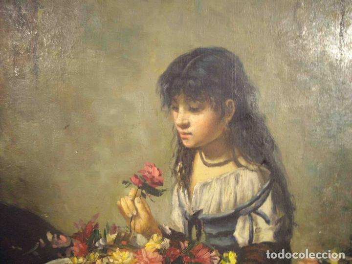 Otros objetos de arte: OLEO SOBRE TABLA NI&Ntilde;AS CON FLORES - Foto 3