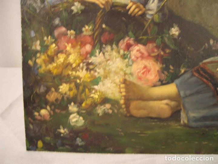 Otros objetos de arte: OLEO SOBRE TABLA NI&Ntilde;AS CON FLORES - Foto 5