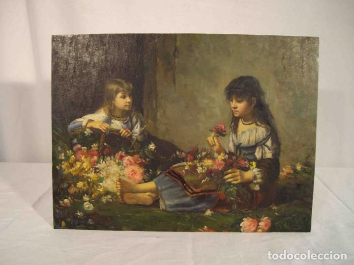 Otros objetos de arte: OLEO SOBRE TABLA NI&Ntilde;AS CON FLORES - Foto 1