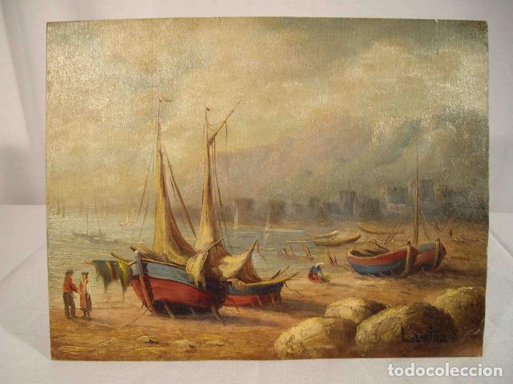 Otros objetos de arte: OLEO SOBRE TABLA BARCOS VELA PESCA 2 - Foto 1