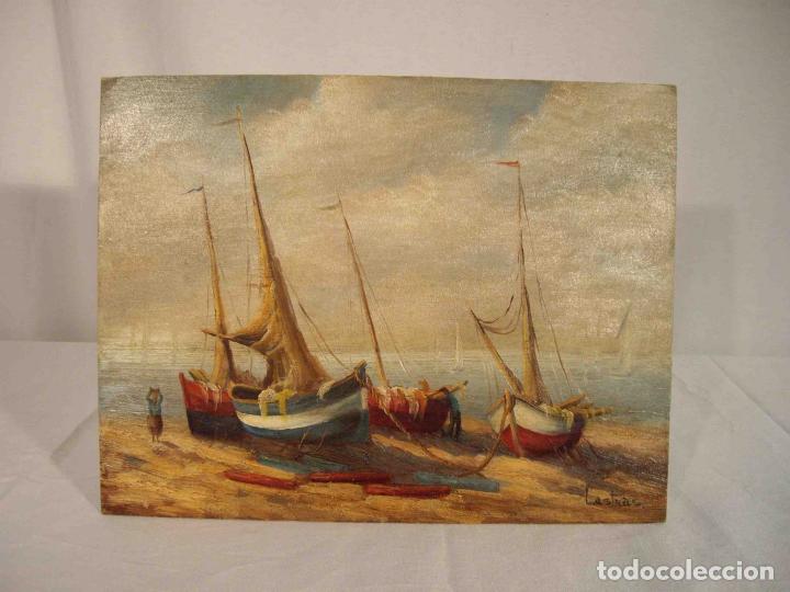 Otros objetos de arte: OLEO SOBRE TABLA VELEROS PESCA - Foto 1