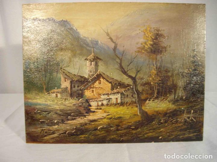 Otros objetos de arte: OLEO SOBRE TABLA CASA AL PIE MONTA&Ntilde;A - Foto 1
