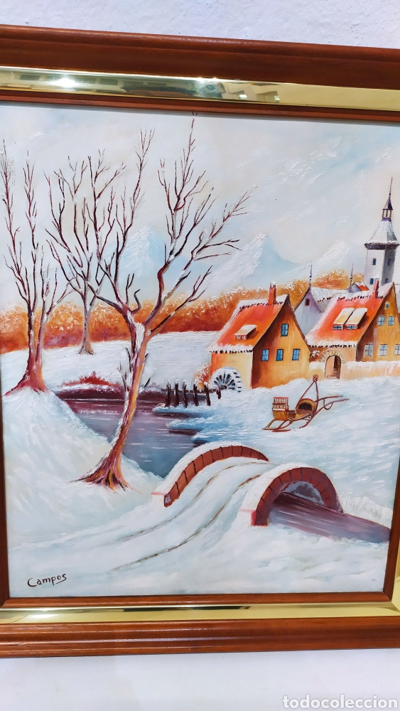 Otros objetos de arte: Cuadro lienzo oleo pueblo nevado - Foto 1