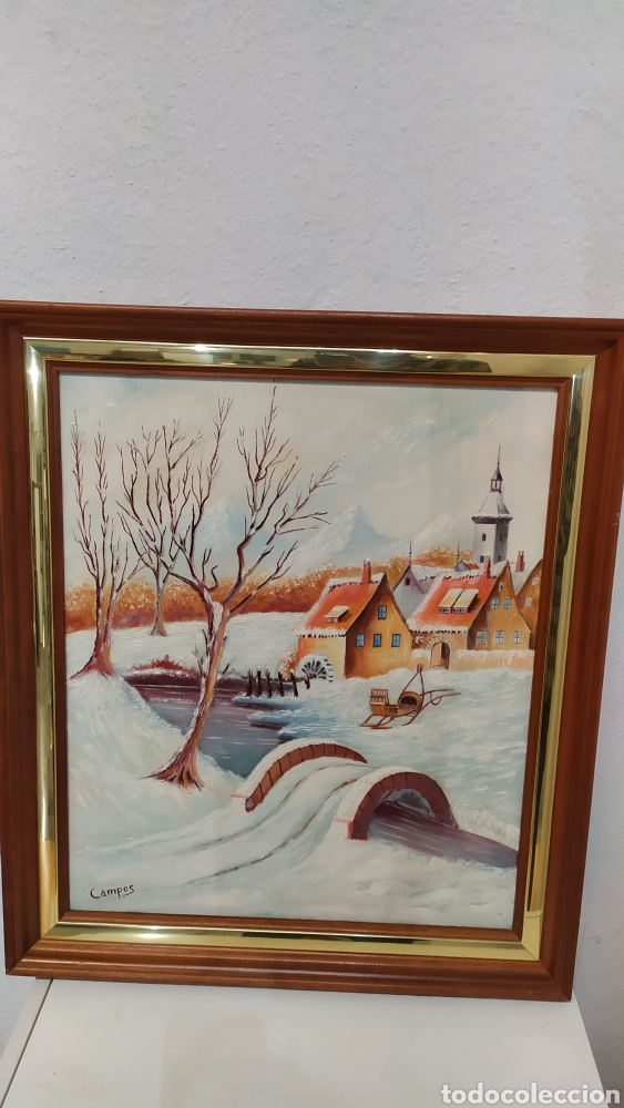 Otros objetos de arte: Cuadro lienzo oleo pueblo nevado - Foto 2