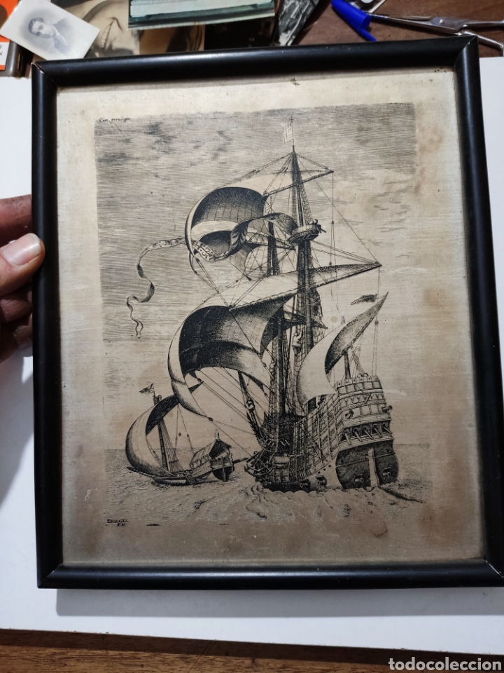 Otros objetos de arte: Marco con l&aacute;mina nav&iacute;o guerra y galera - Foto 1