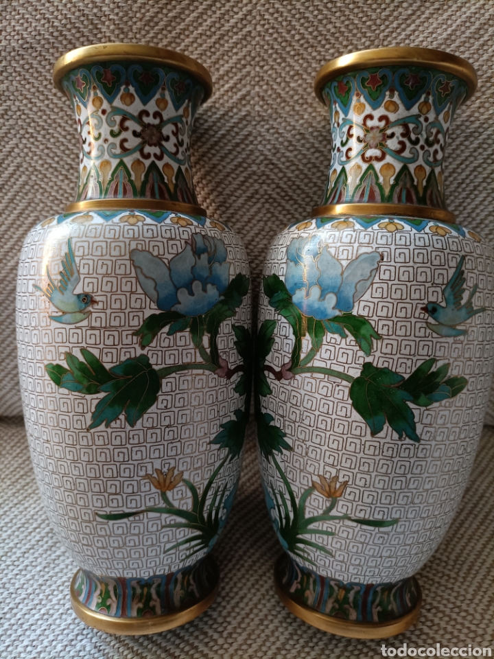 Otros objetos de arte: pareja de floreros mirror cloisonn&eacute; esmaltado. - Foto 7