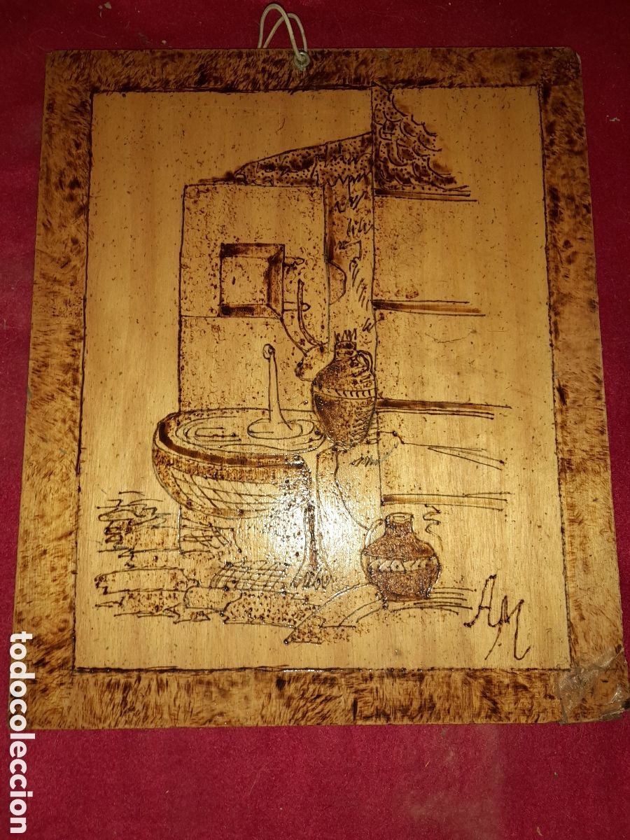 Arte: DOBLE PIROGRABADO BARCO VELERO FUENTE EN CALLE FIRMADO A MELERO A. MELERO 2007 RESTAURAR ESQUINA