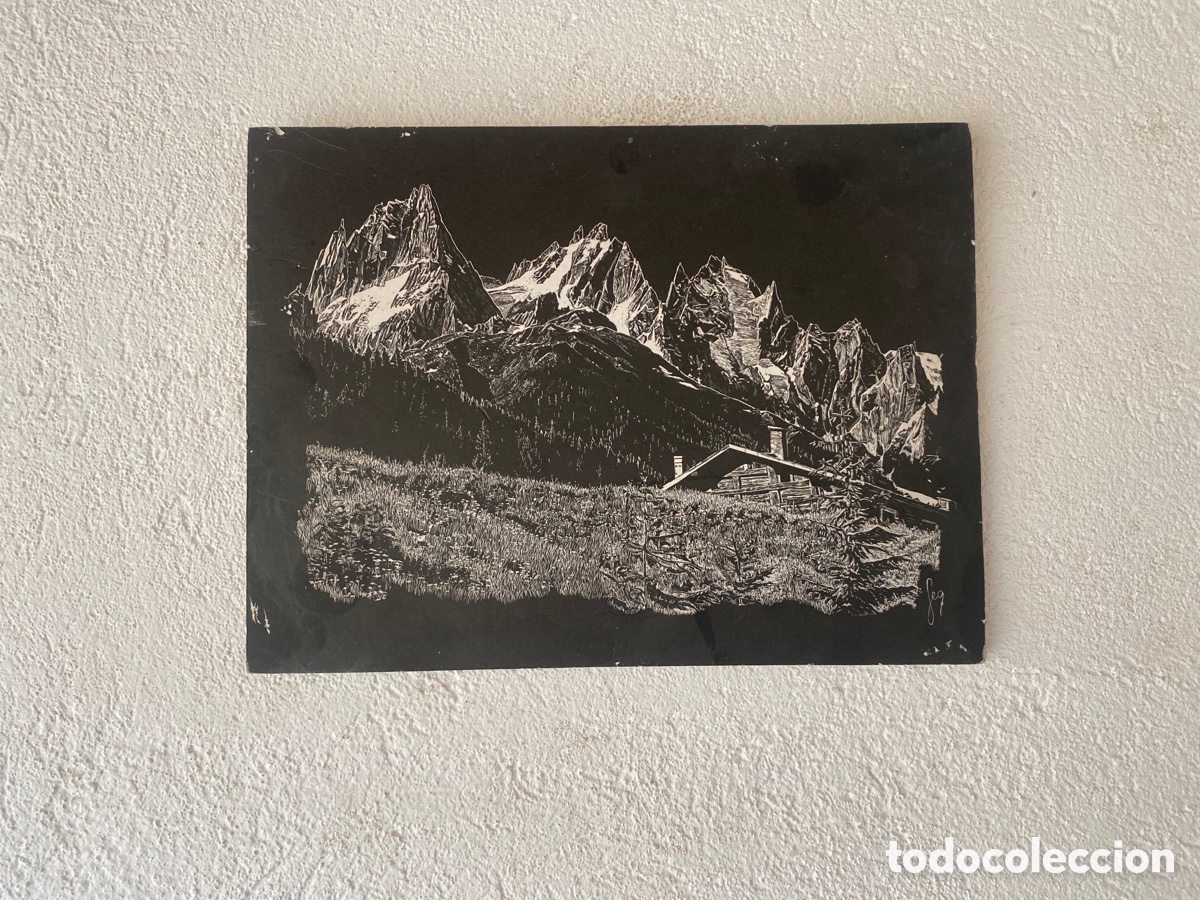 Other art objects: L&aacute;mina Francesa Paisaje Alpes 40x30 cm Firmado Feg / French Mountain Print
