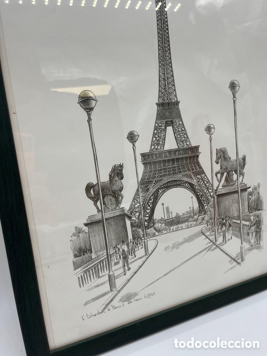 dibujo a lápiz torre eiffel paris enmarcado y f - Compra venta en 