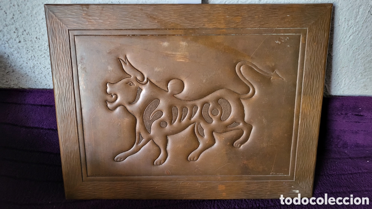 Otros objetos de arte: Cuadro cobre Torro Lion Au Mufle Massif - Foto 2
