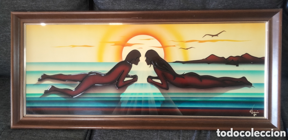 Otros objetos de arte: Cuadro lacado enamorados a&ntilde;o 80 - Foto 1