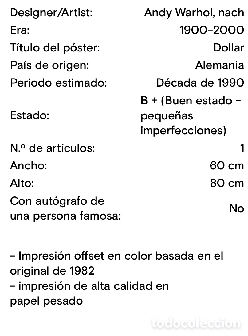 Otros objetos de arte: Andy warhol -nach dollar (80x60cm) - Foto 2