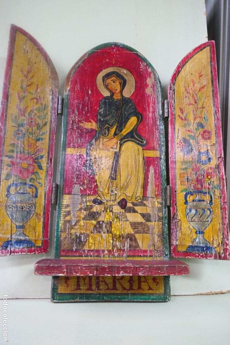 Otros objetos de arte: Triptico, icono. Policromia sobre madera. Virgen Maria - Foto 1