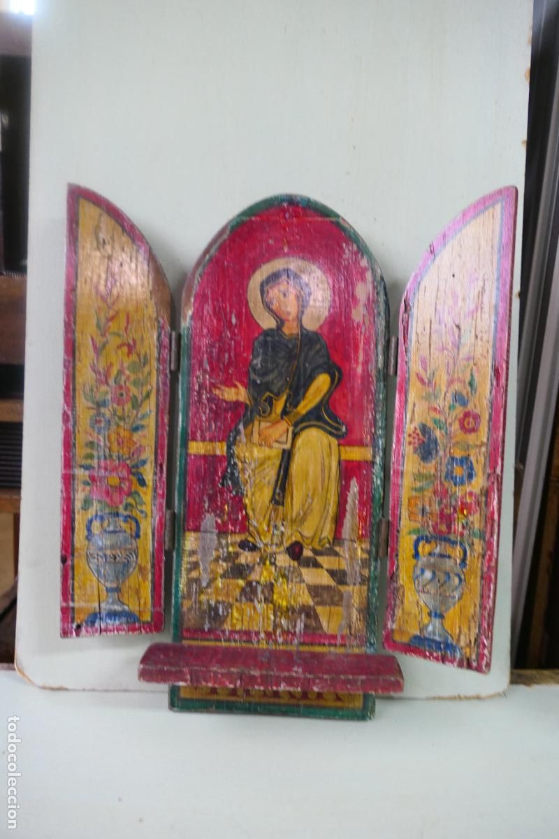 Otros objetos de arte: Triptico, icono. Policromia sobre madera. Virgen Maria - Foto 8