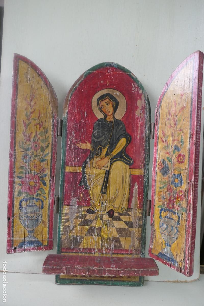 Otros objetos de arte: Triptico, icono. Policromia sobre madera. Virgen Maria - Foto 14