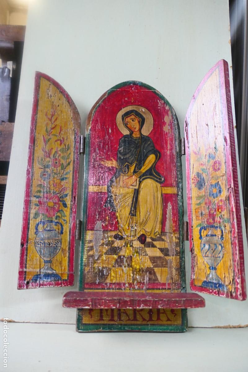 Otros objetos de arte: Triptico, icono. Policromia sobre madera. Virgen Maria - Foto 17