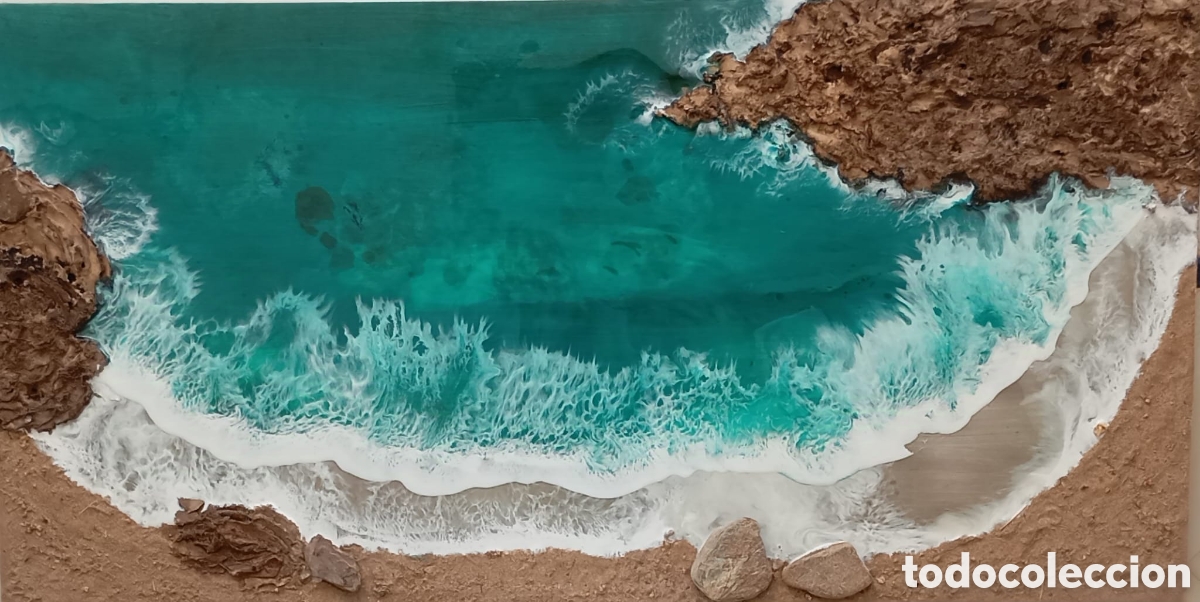 Otros objetos de arte: Cuadro playa con ola madera - Foto 2