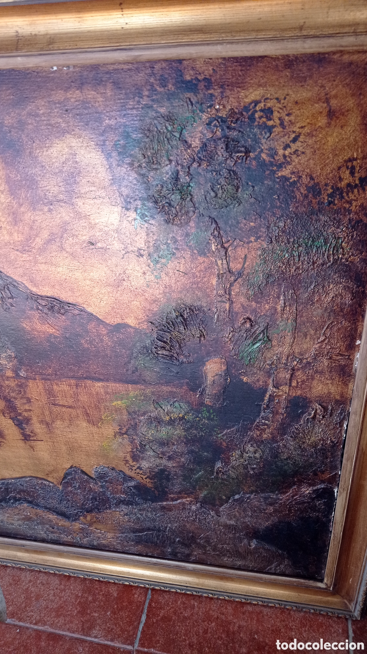 Otros objetos de arte: Cuadro en relieve paisaje y lago tonos ocre - Foto 3