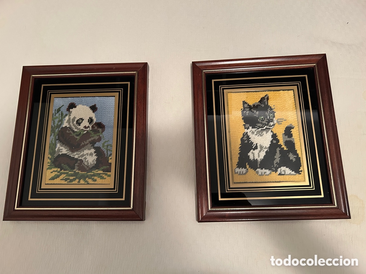 Otros objetos de arte: 2 Cuadros Bordados Panda y Gato - Foto 1